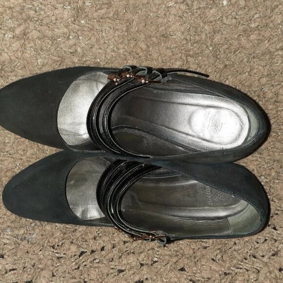 NAVYBOOT-Italy-Black Suede/Leather 3 Strap Mary Jane Pumps-Sz 36-Near Mint - Picture 6 of 8